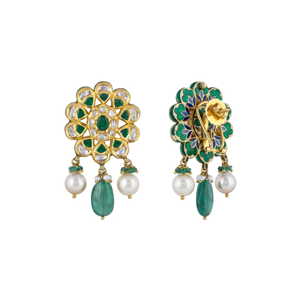 Floral Polki Earrings with Emerald Talaf & Pearl Drops